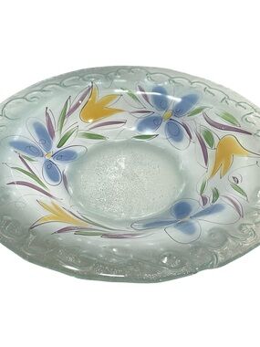 Vintage 1990s Large Console Bowl Free Formed Glass - Spring Floral Pattern